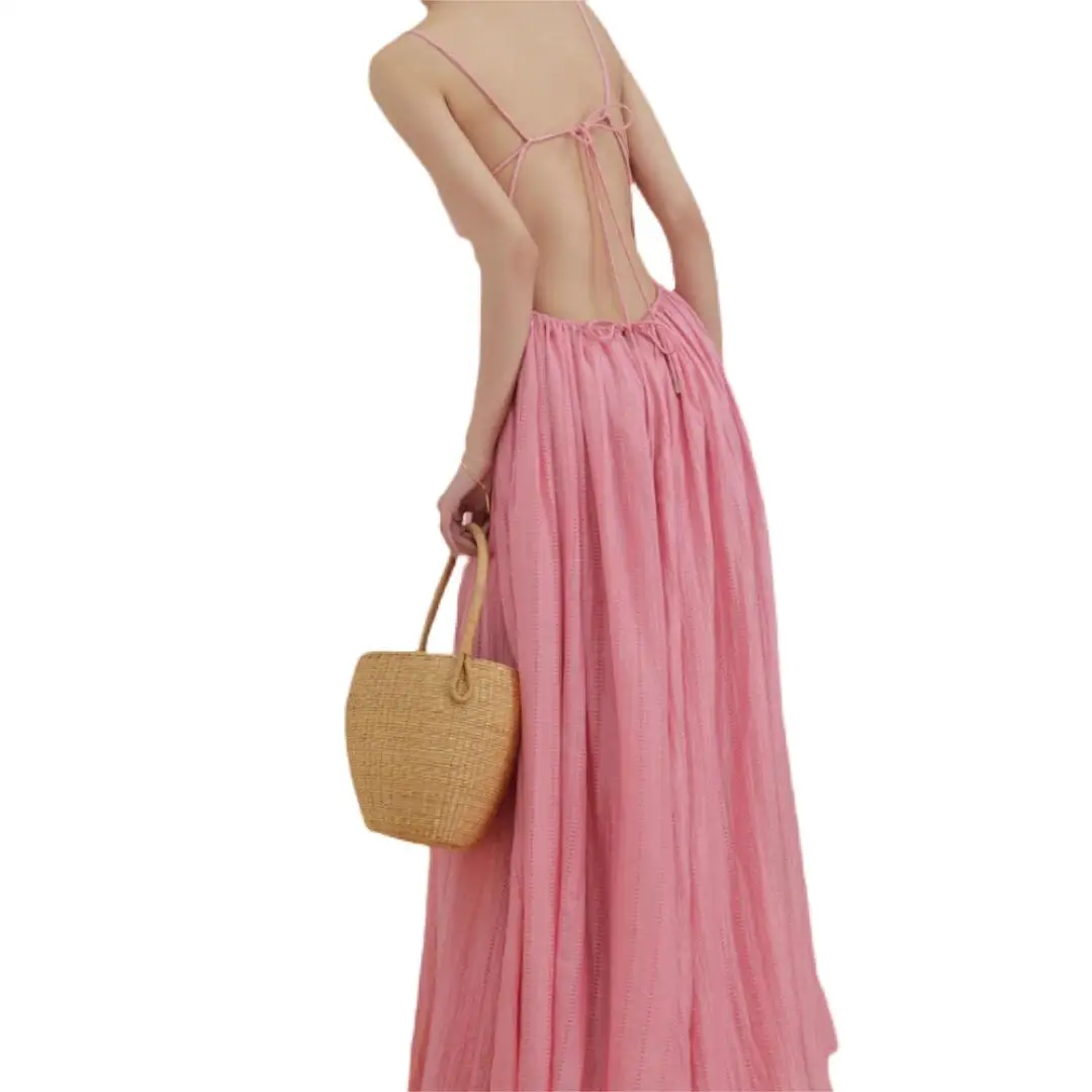 Female  Casual Back Strap Design Large Swing Type Light Peach Pink Lyocell Nylon Maxi Dresses Women High Waist Suspender Dresses
