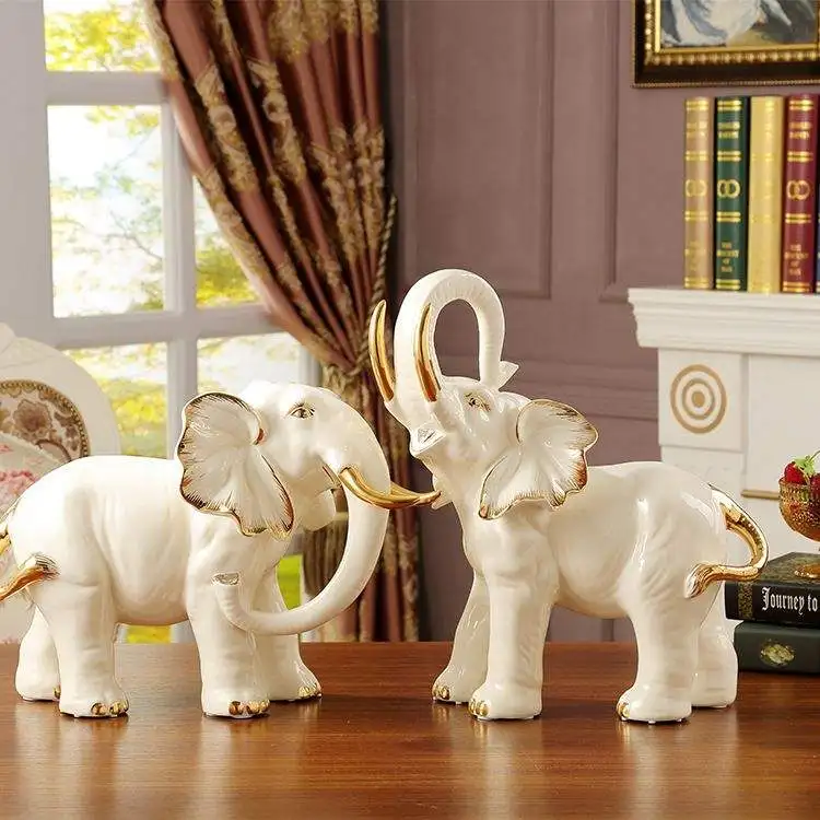 Elegant White Elephant Living Room Lucky Decoration 2Pcs Ceramic Elefante Set European Style Ceramic Elephant Figurine