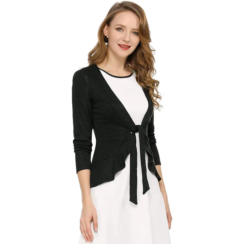 Wholesale Custom OEM & ODM Women Tie Front Ruffled Long Sleeve Open Cardigan