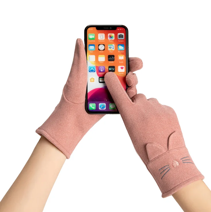 Winter warm and thick outdoor riding suede touch-screen cute five finger cotton gloves