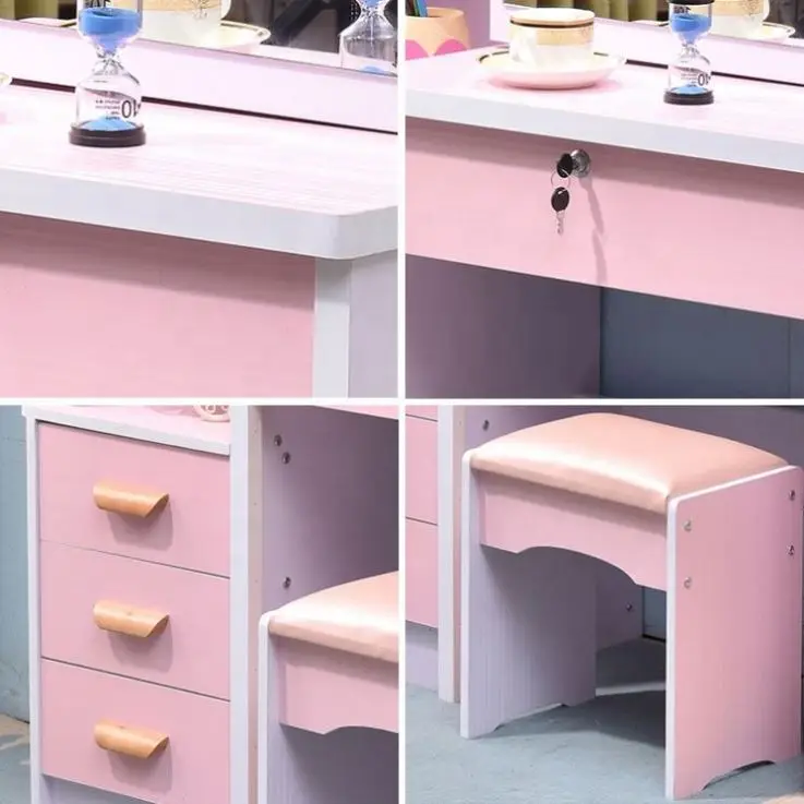 Home Furniture Women New Model Elegant Pink Rectangle Mirror Dresser Table For Bedroom With Low Stool