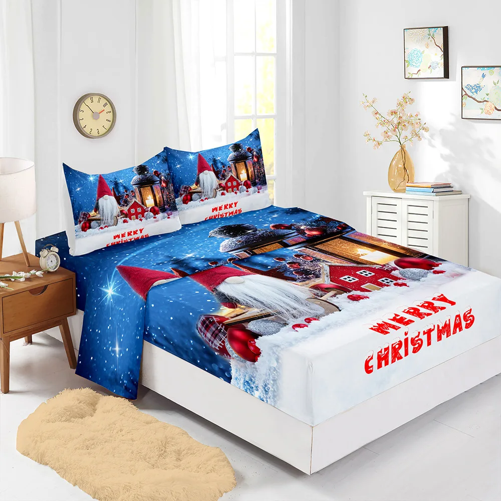 Wholesale Festival Christmas Tree Deer Santa Claus Party Fitted Sheet Set