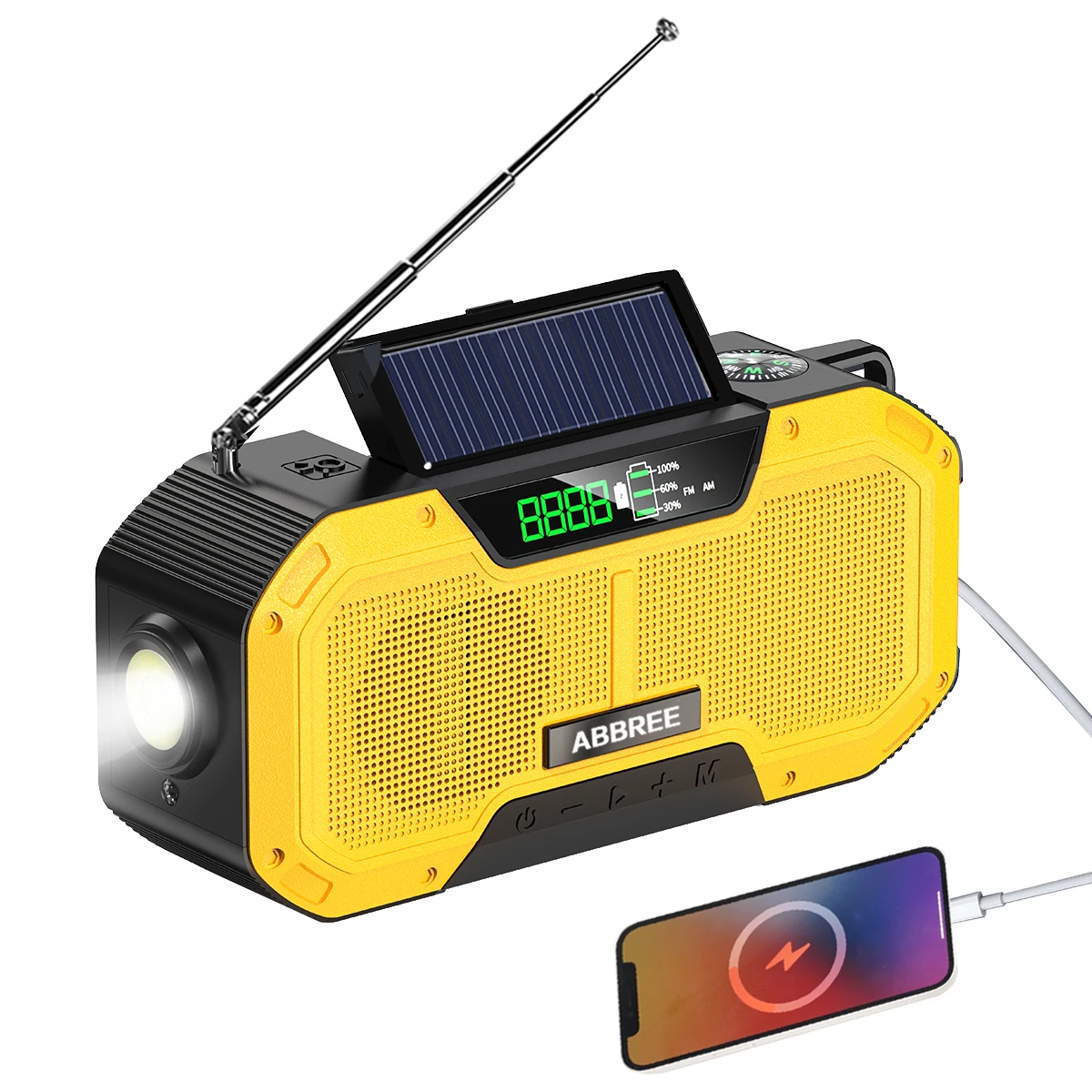 ABBREE Emergency Radio IPX5 Waterproof Auto Scan Solar Portable Radio with LED Flashlight Reading Lamp SOS Cell Phone Charger