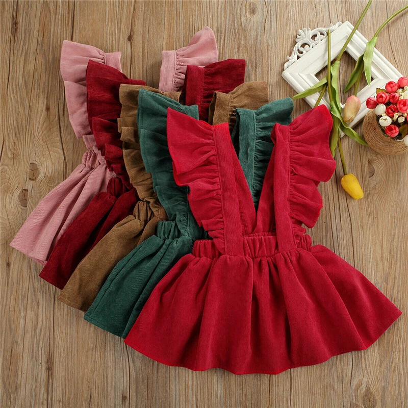 
1-6T Kid Baby Girls Velvet Suspender Skirt Infant Toddler Ruffled Casual Strap Sundress Summer Outfit Clothes 