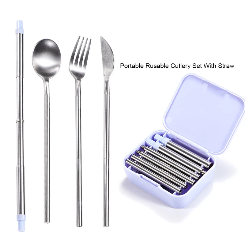 Portable Camping Stainless Steel Foldable Knife Spoon Fork Straw Travel Cutlery Set with Case