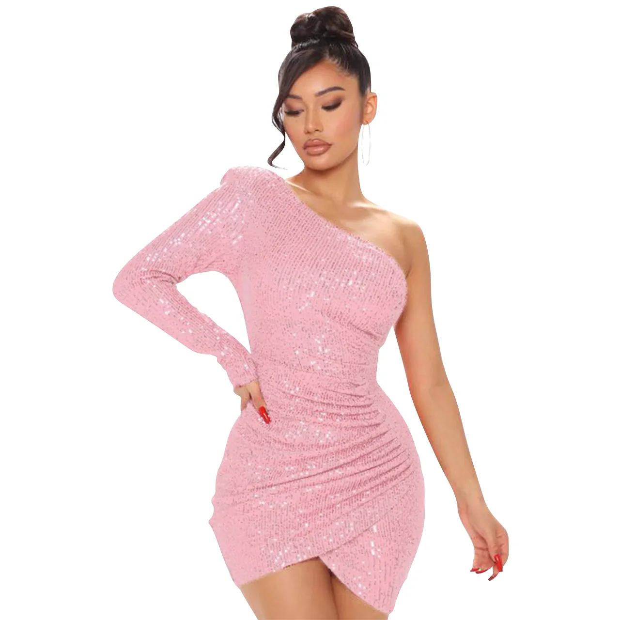 Custom 2022 hot sale winter slim fit bodycon cheap sexy club wear plain color long sleeve slash neck sequined party dress women