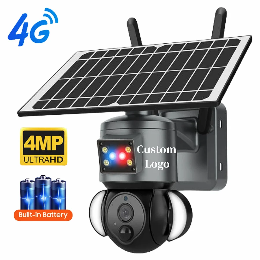 Custom Logo 4MP 4G HD PIR Network Speed Dome PTZ Security System Outdoor 4G SIM Card Solar CCTV Camera