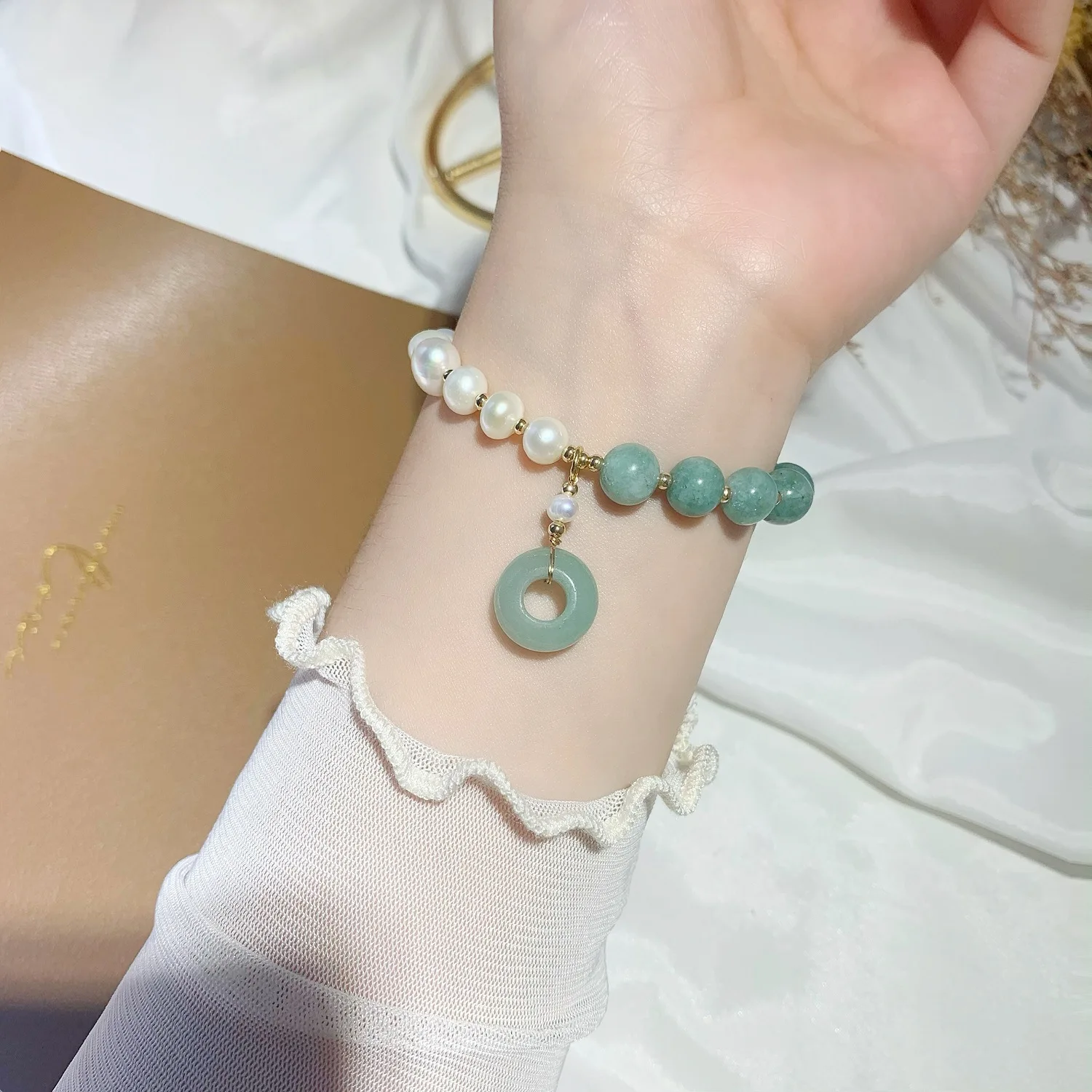 Hawaiian New Myanmar Jade Bracelet Exquisite Gold Plated Freshwater Pearl Natural Stone Bracelet wholesale