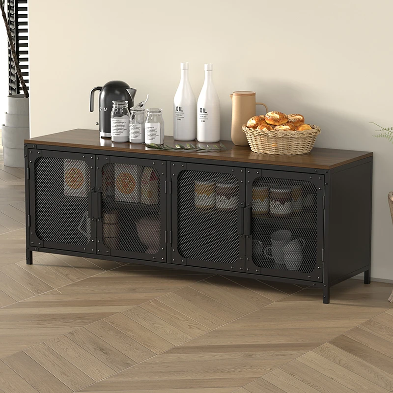 Factory  wholesale home black Industrial style metal net door storage cabinet MDF top cabinet with adjustable shelf