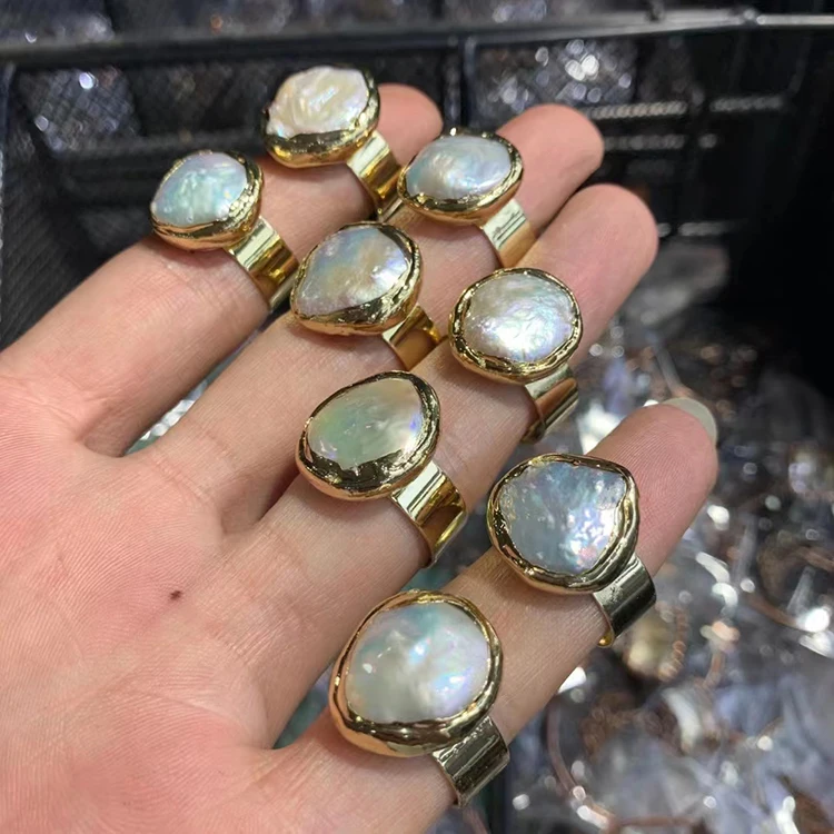 Vintage Natural Baroque Pearl Ring 18K Gold Plated Gemstone Ring Jewelry