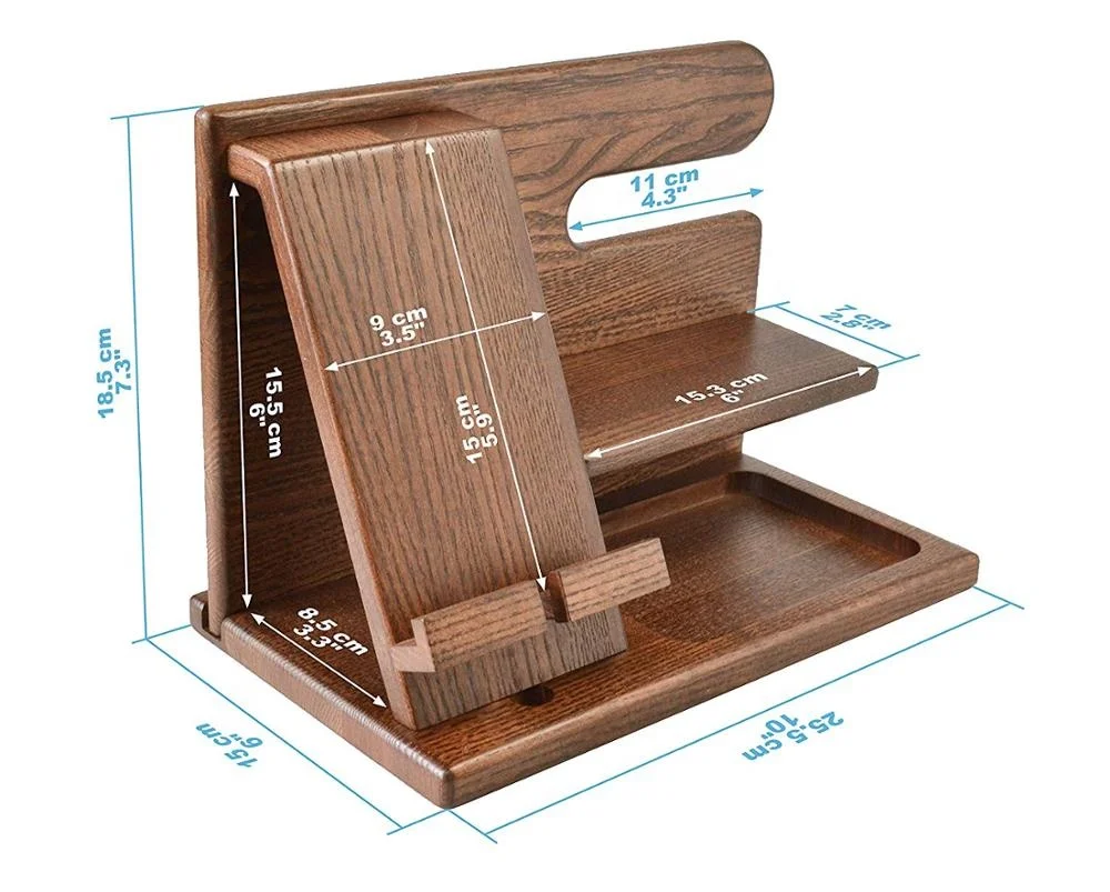 Wood Phone Docking Station for Key Holder Wallet Stand Watch Organizer