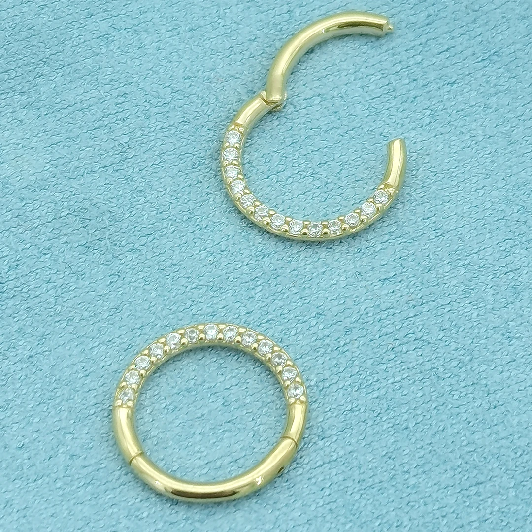 Custom 14k Solid Yellow Gold Hip Hop Hinged Segment Clicker Paved Bling CZ Jewelry Septum Daith Wholesale Piercing Ring