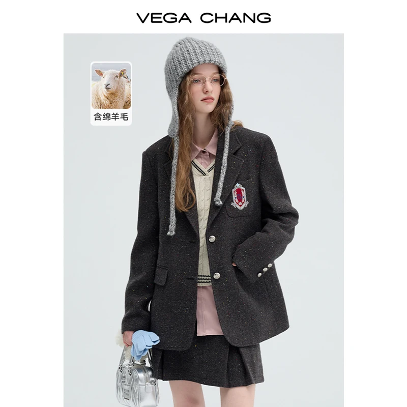 VEGA CHANG 2024 Suit Collar Wool Blend Vintage Preppy Suit Jacket Woolen Coat