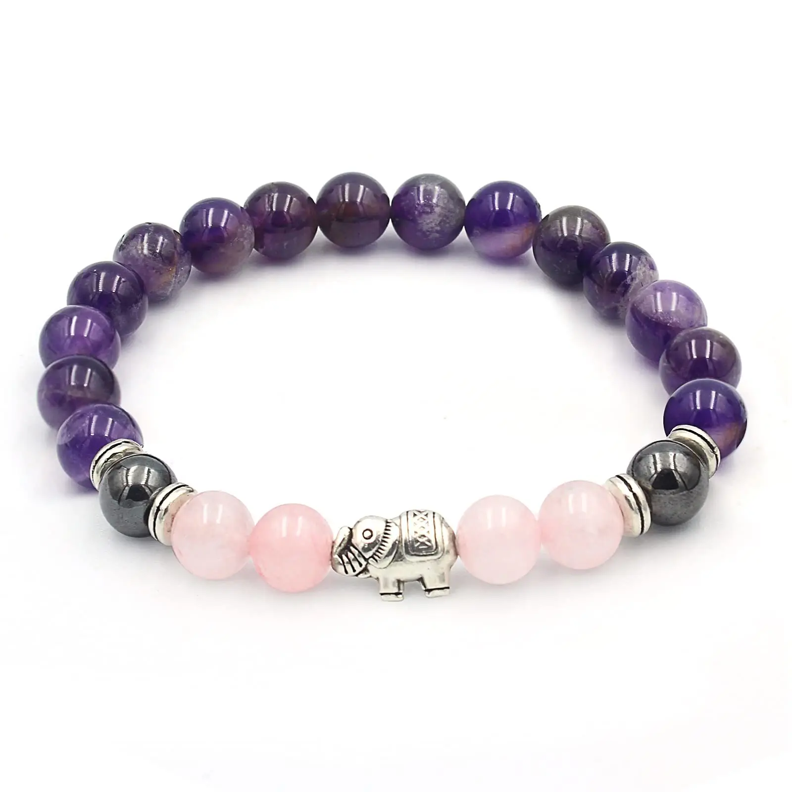 Natural crystal healing stone Amethyst rose quartz Bracelet with elephant Owl charm