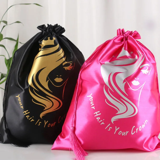 OEM Black Wig Hair Bundles Packaging Extension Bags Human Weave Hair Gift Ribbon Closure satin bag for hair custom