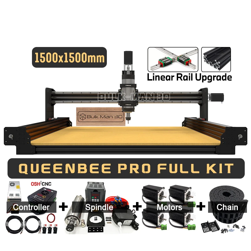 Чёрная экструзия 1500x1500 мм QueenBee PRO CNC маршрутизатор для дерева полный комплект с линейными направляющими обновление 4 оси Деревообработка 3D ЧПУ маршрутизатор