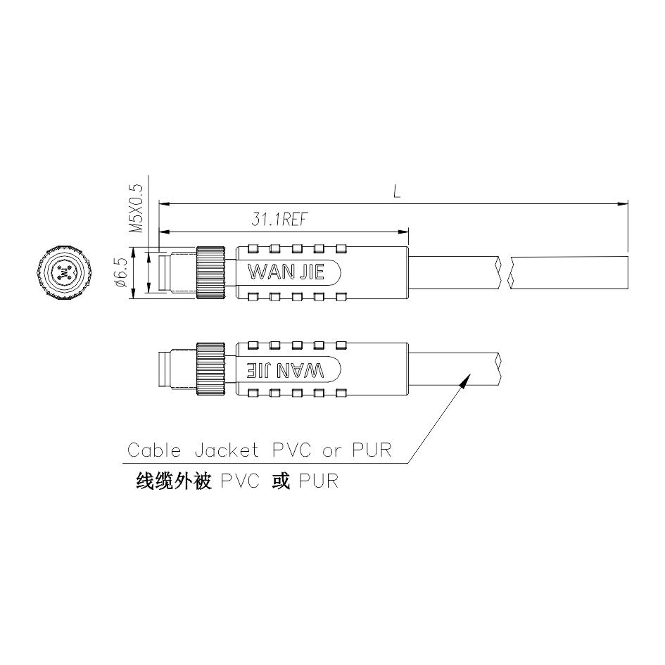 WANJIE Circular Connector M5 Male Molded Cables, Straight