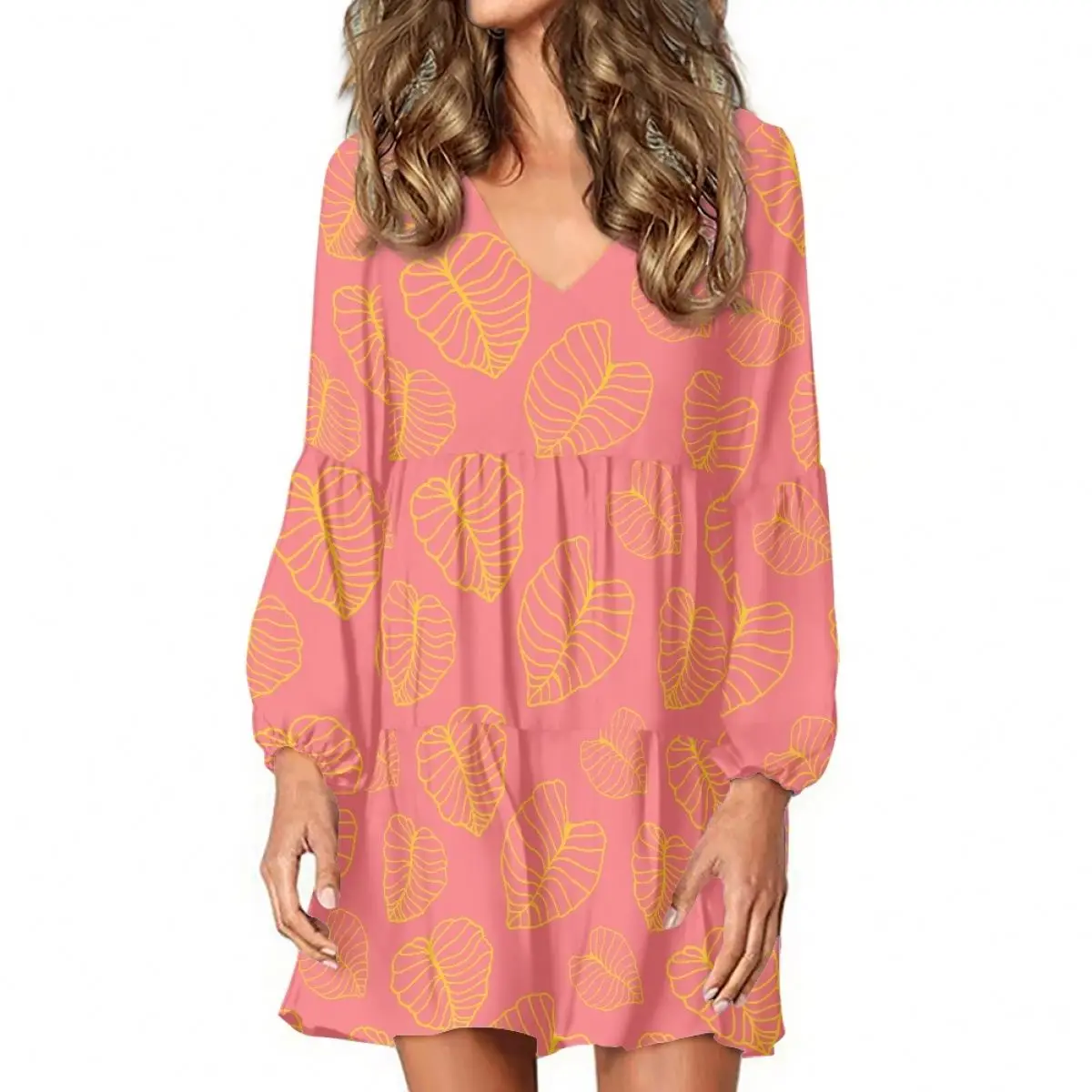 Mini Dresses Hawaiian Style Clothing Kalo Leaf Ladies Casual V-Neck Print On Demand Cloth Floral Custom Wholesale Dress Island