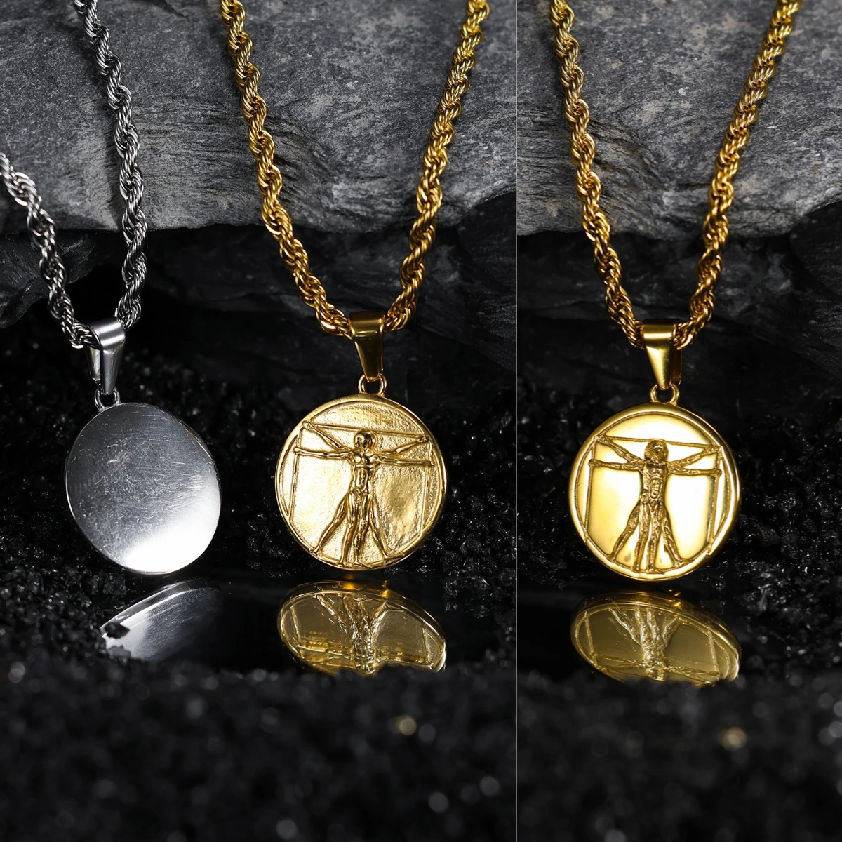 Custom logo Necklace Men Jewelry 18k PVD Gold Plated Stainless Steel Necklaces Vitruvian Man DaVinci Necklace