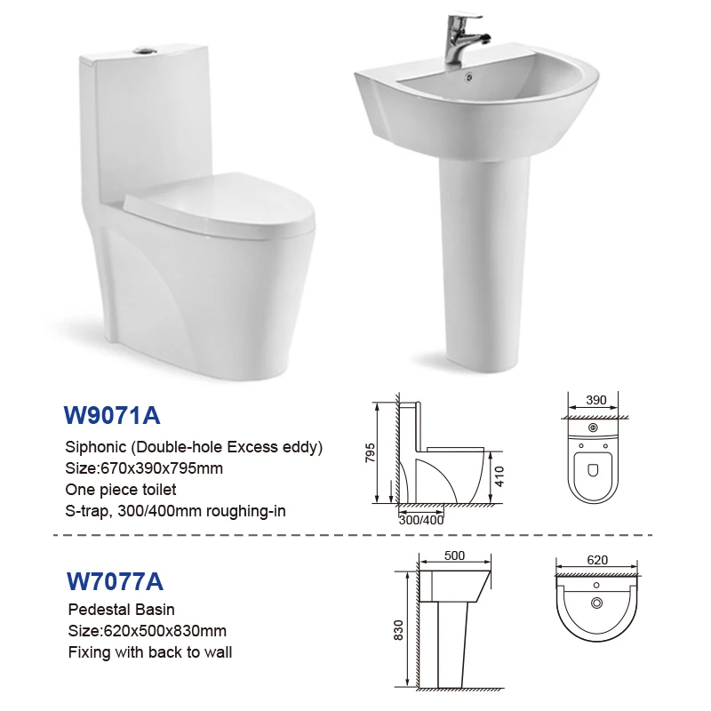 One Piece Toilet Floor Mounted Siphonic Wc and Pedestal Wash Hand Basin Bathroom Set