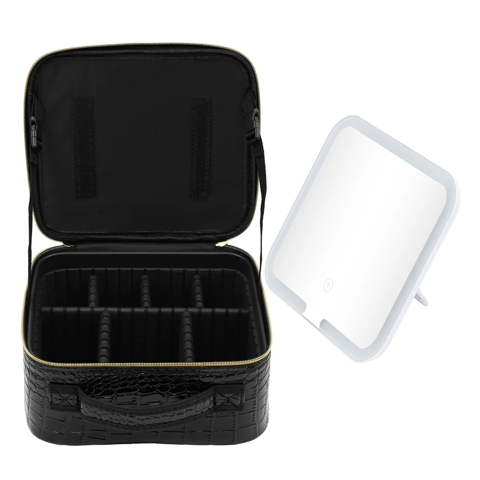 New Style LED Light Mirror Large Capacity  Makeup Storage Box Professional Chargeable USB Travel Portable Cosmetic Bag