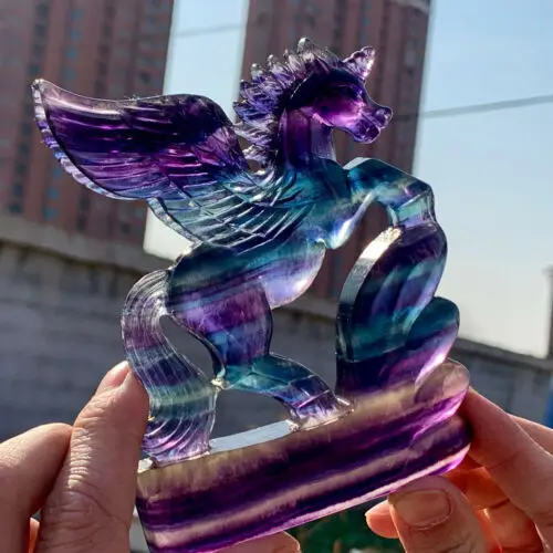 Beautiful Natural Colours Fluorite Crystal Unicorn Carving Fly Horse for gift