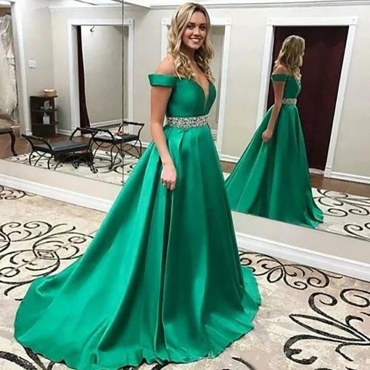 2022 High Quality Wholesale Off The Shoulder Diamond Crystal Sashes Belt Green Elegant Satin Dubai Long Luxury Evening Dress