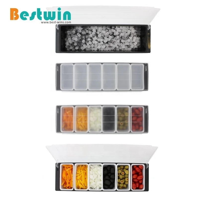 6-Compartment Plastic Garnish Stations Cocktailor Fruit Toppings Serve Chilled Condiment Bar