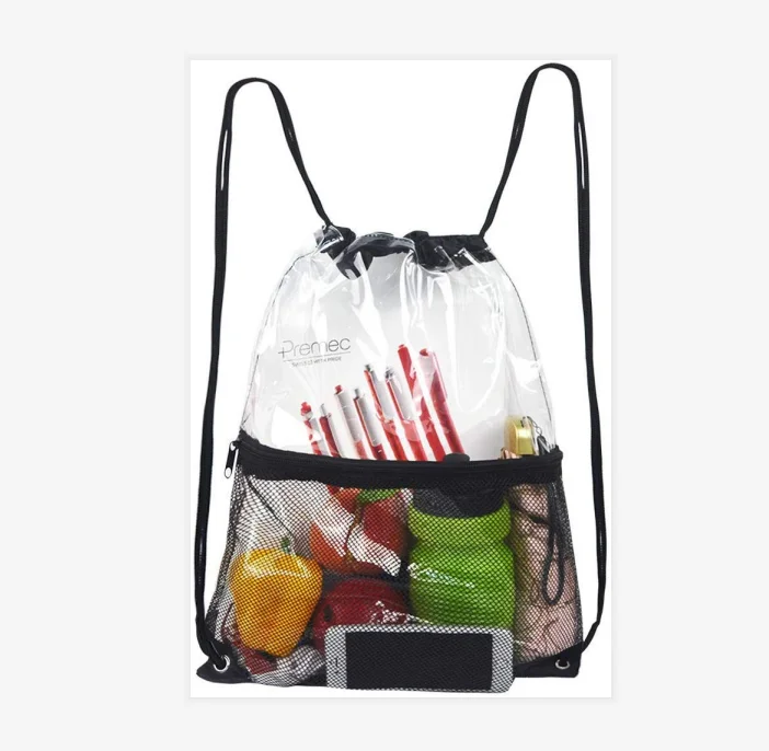Drawstring Bag Front Zipper Mesh Pocket Travel Schoolbag PVC Drawstring Backpack