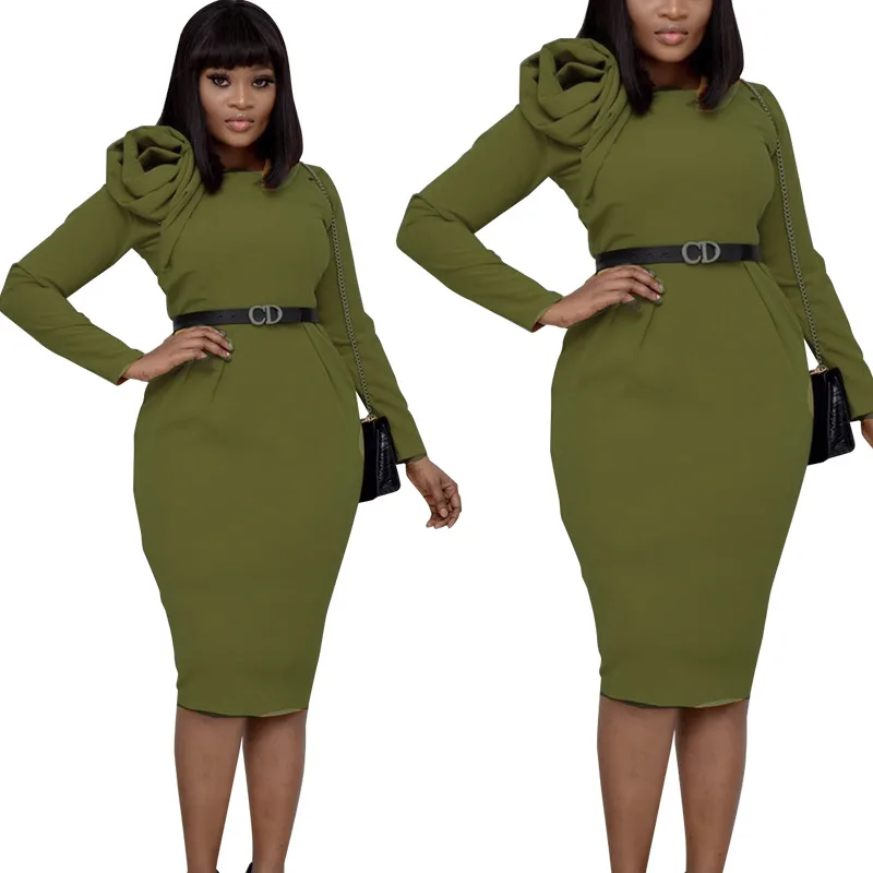 
Long Sleeve Bodycon Crew Neck Flower Dress Women 2020 Office Ladies Dresses 