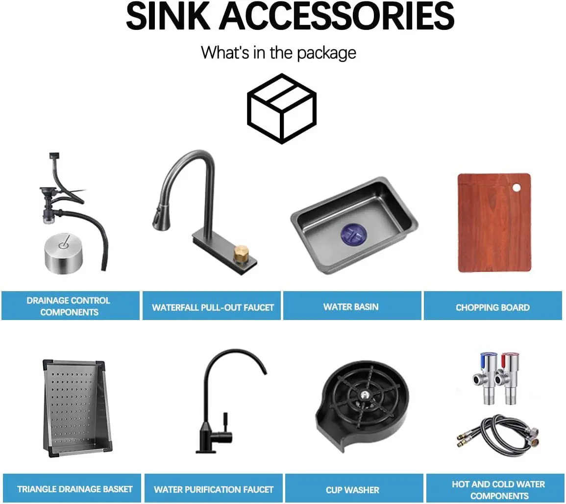 Multifunction Welding Square Modern Stainless Steel Kitchen Sinks Faucet Waterfall Kitchen Sink