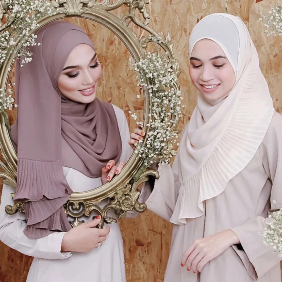 fashion style admirable plain color stitching pleated chiffon shawl with lace and pearl