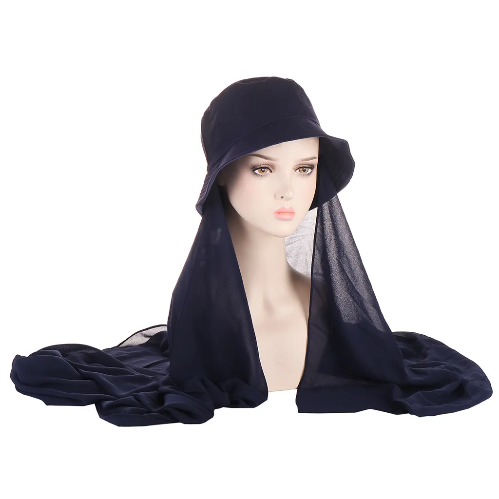 Women Chiffon Hijab With Bucket Hat Cap Summer Fisherman Caps Ready To Wear Instant Chiffon HIjabs