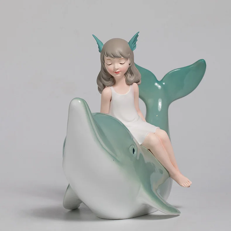 Girl and Dolphin Figurines Cute Girl Resin Sculpture