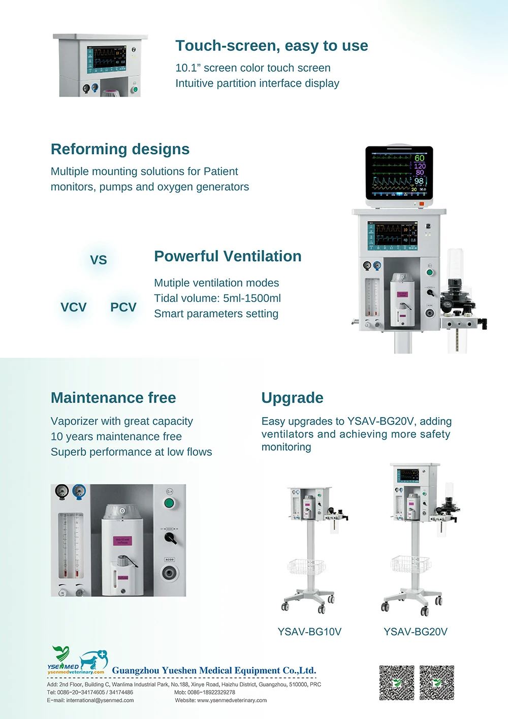 YSAV-BG20V Ysenmed veterinary equipment anesthesia machine mobile portable small animals vet anesthesia trolly anesthesia vet