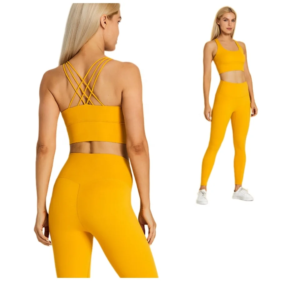 LQ8639 Women Cross Back Yoga Sets Wholesale Athletic Wear Sports Bras Leggings Gym Fitness Sets woman gym clothes