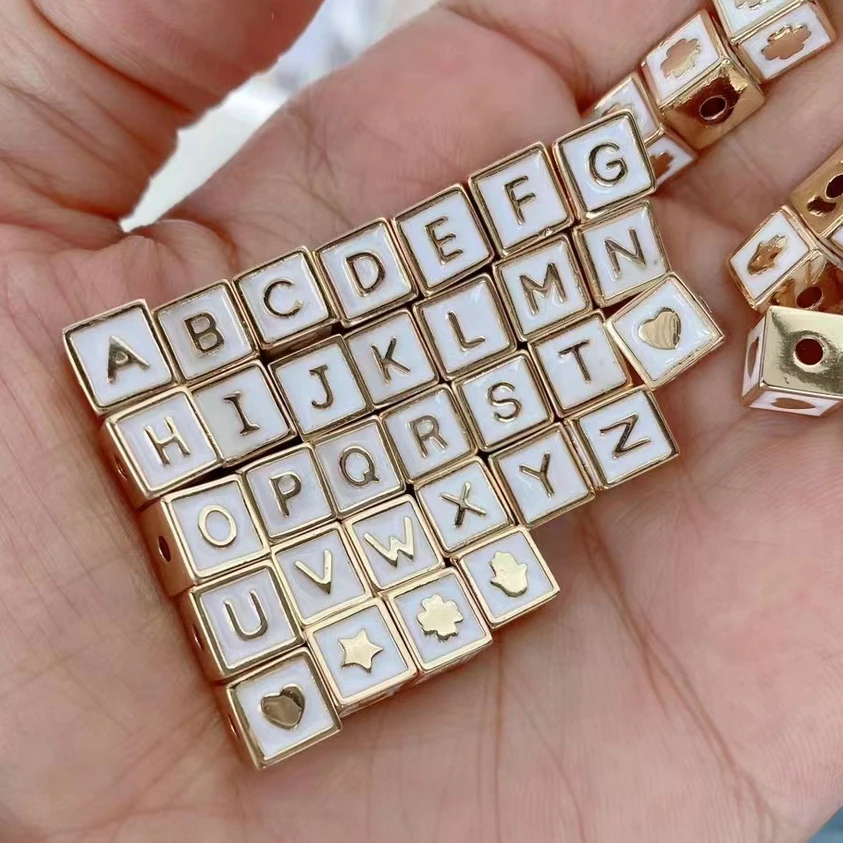 Gold Tone White Enamel Brass Metal Hamsa Heart Initial Letter Beads 7x7mm Cube Alphabet Beads