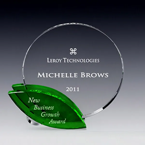 Round years of service awards employee prize green leaf crystal trophy award