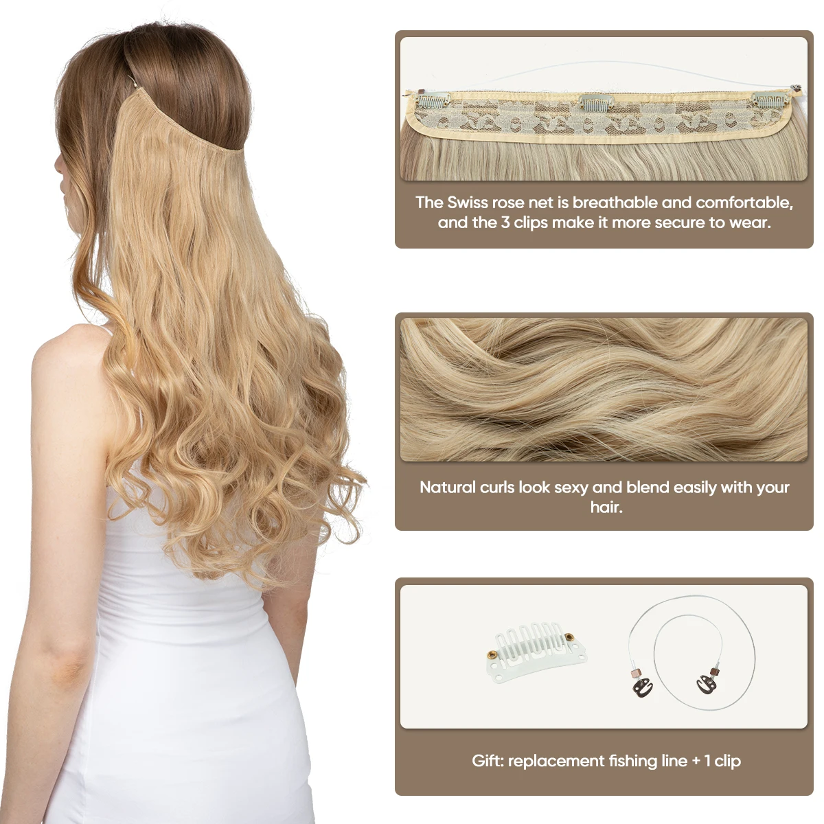 Wholesale New Upgrade Wavy Curly Invisible Halo Fiber Clip In Hair Extension Products Heat Resistant Blond Synthetic For Women