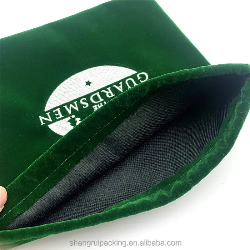 Custom Green Velvet Embroidery Bag for Cosmetics Ribbon Drawstring Velvet Dust Handbag Bags