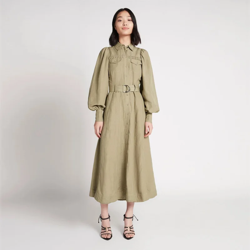 custom autumn new women fashion elegant linen balloon long sleeve vintage sash button turn down collar midi dress