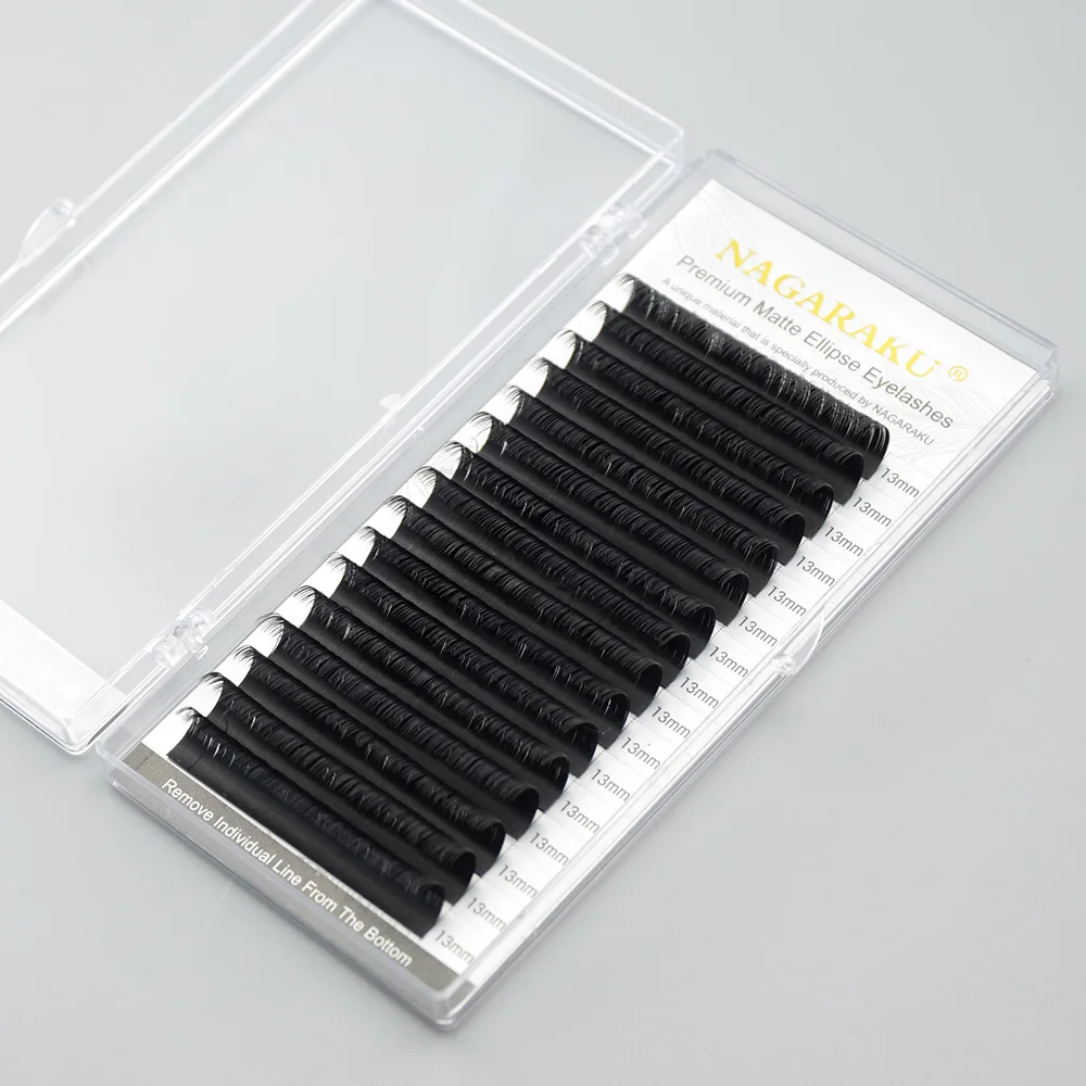 NAGARAKU Flat Ellipse Eyelashes Extensions Matte Black Split Tips 0.15 0.20 B C D curl Natural Light 16 rows Big Tray
