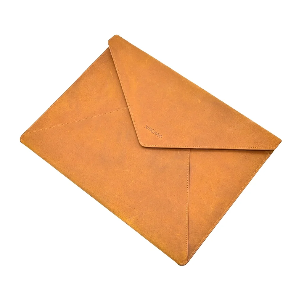 Custom Handmade Brown Genuine Cow Leather Envelope Laptop Protective Bag Sleeve Cover for Computer