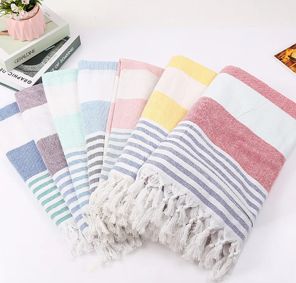Custom Soft Multi-color Turkish Towel Tassels Woven Cotton Polyester Sand Free Beach Towels