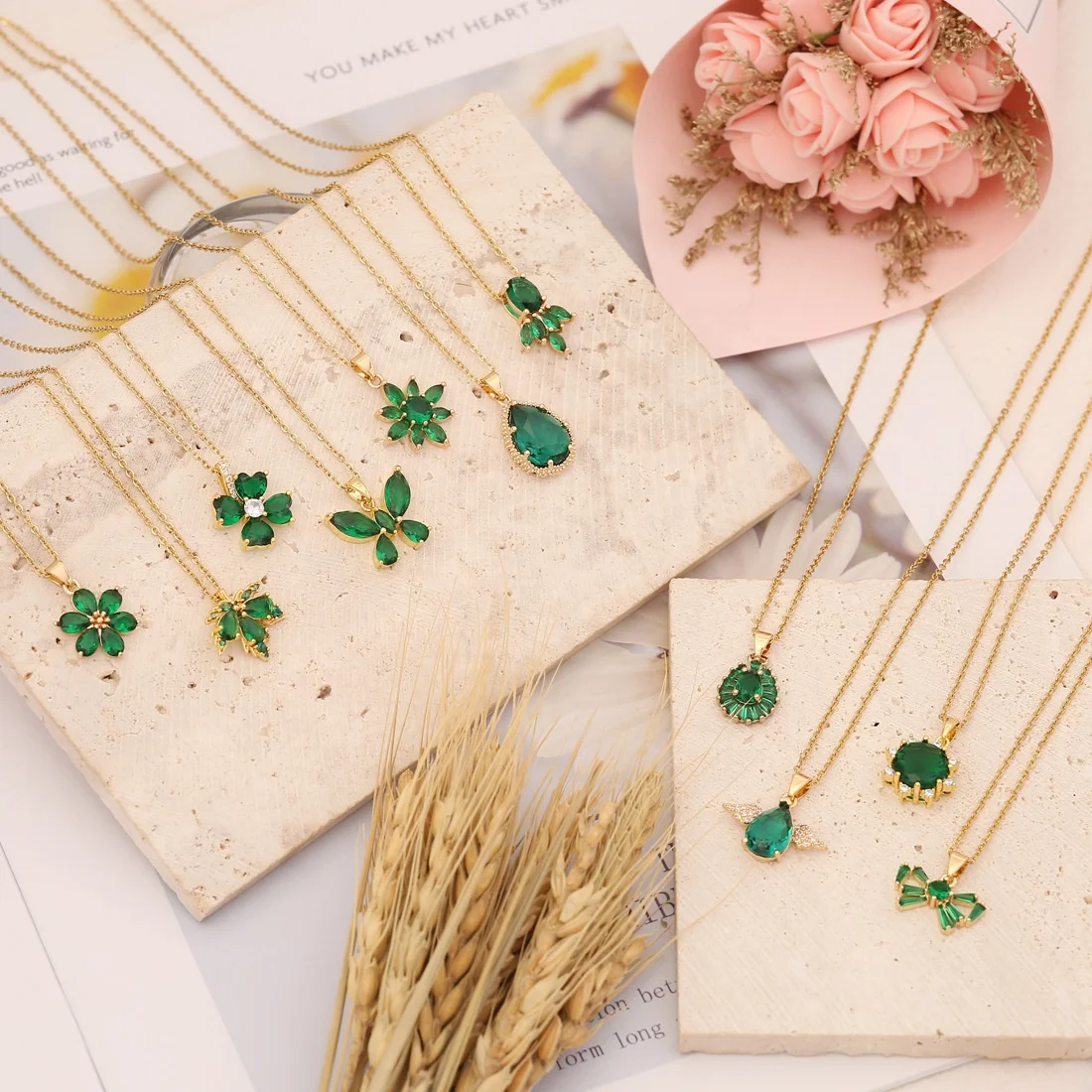 Gold Plated Swan Water Drop Wing Butterfly Leaf Flower Bowknot Zircon Green Emerald Color Pendant Necklace For Women