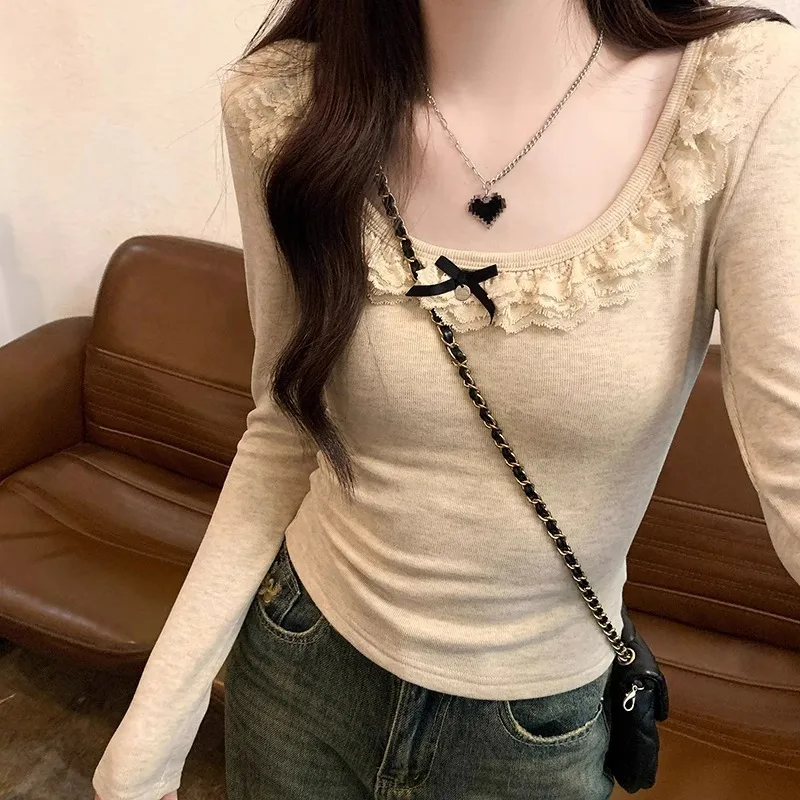 Spring and Autumn High Quality U-Neck Sexy Underlay T-shirt for Women with Lace Splicing Waist Closure Inner Layup with Clothes