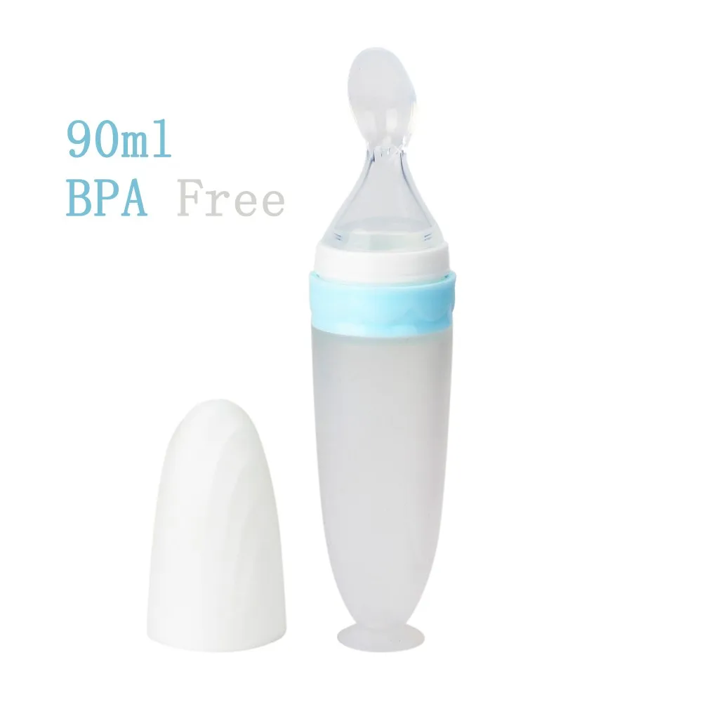 High Quality Babies Kids Squeeze Feeder Silicone Bottle Feeding Dispensing Spoon with Non-slip Sucker