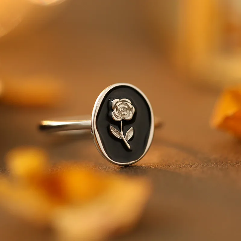 French Premium Black Drip Glaze Rose Ring S925 Silver Metallic Vintage Flower Ring for Women Fine Jewelry Rings
