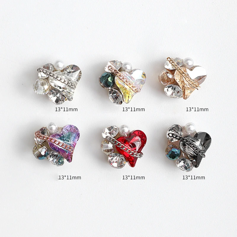 Hot Nail Art Chain Full Rhinestones 3D Nail Art Metal Heart Shape Glitter Rhinestones Diamonds for Manicure Decor