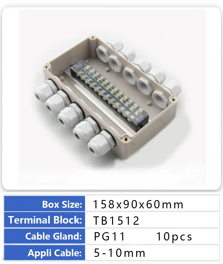 158x90x60mm with 10 PG11 Waterproof Dustproof Outdoor Terminal Electronic Case IP66 with Terminal Block